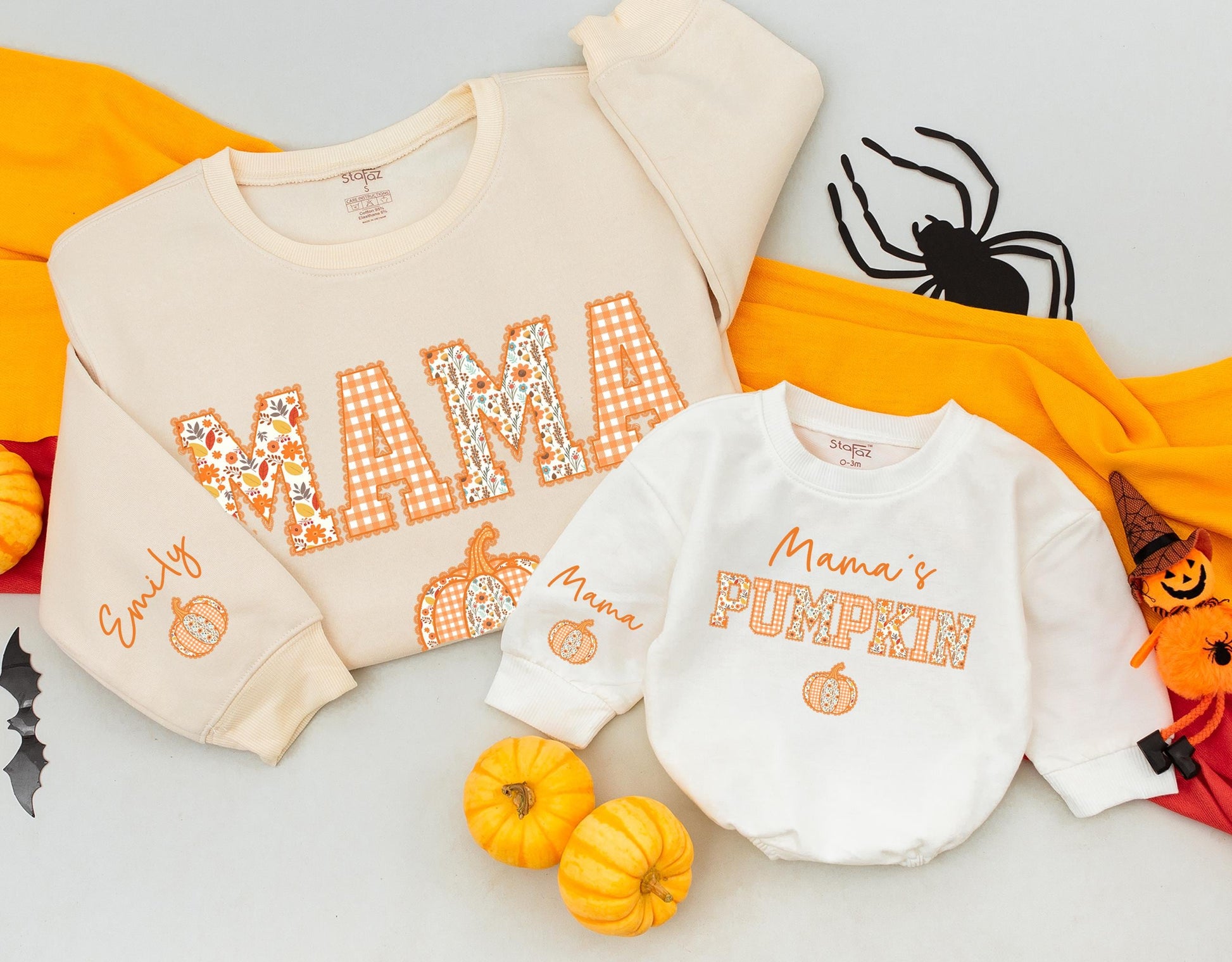 Cozy Fall Mama and Mamas Pumpkin Matching Sweatshirts for Mom and Me Thanksgiving Outfits with Floral Gingham Design and Custom Name Sleeve