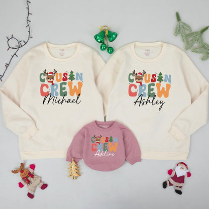 Personalized Cousin Crew Christmas Sweatshirt, Custom Family Xmas Sweaters for Baby's First Holiday, Colorful Reindeer Design, Matching Outfits Name Gift 138