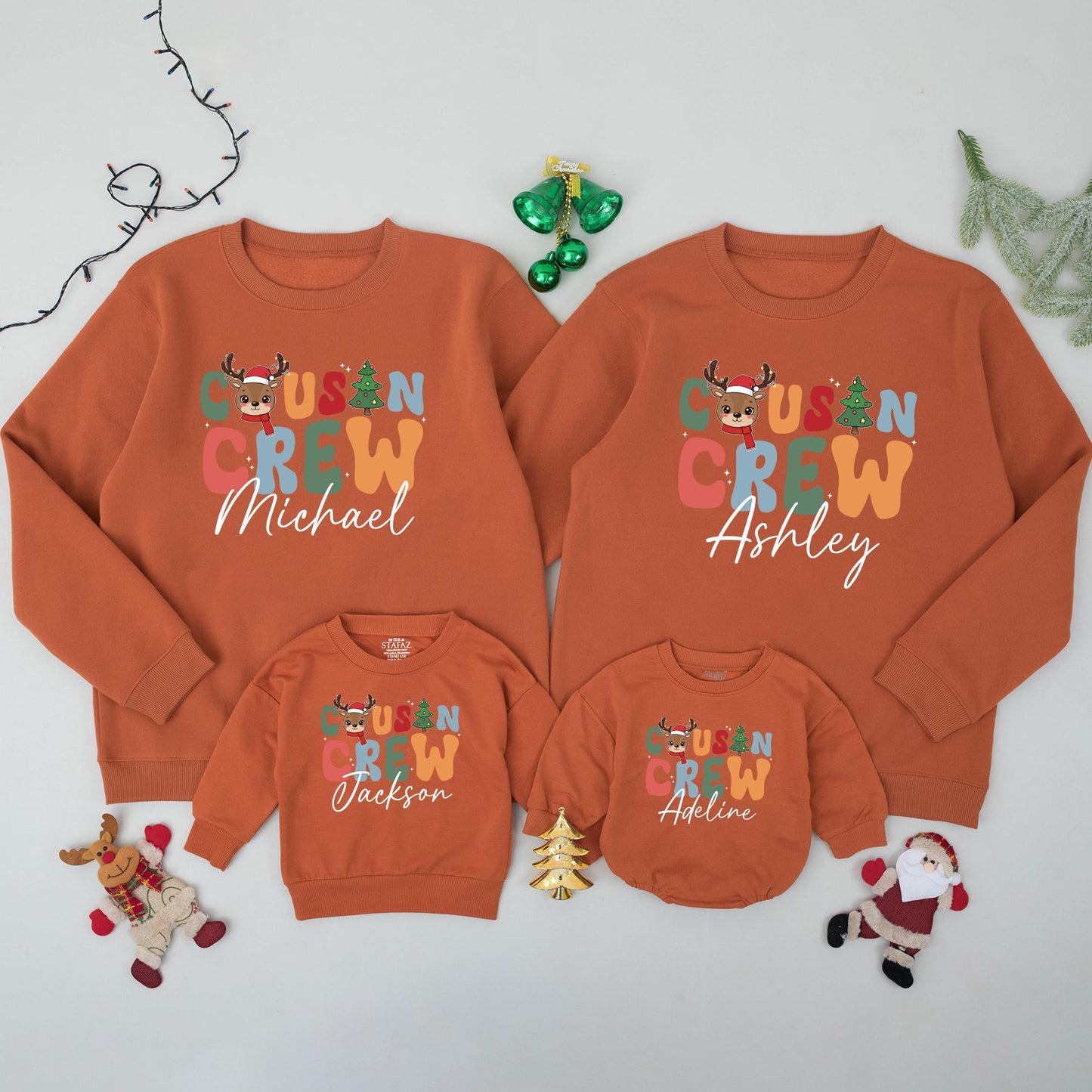 Personalized Cousin Crew Christmas Sweatshirt, Custom Family Xmas Sweaters for Baby's First Holiday, Colorful Reindeer Design, Matching Outfits Name Gift 138