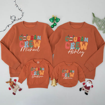 Personalized Cousin Crew Christmas Sweatshirt, Custom Family Xmas Sweaters for Baby's First Holiday, Colorful Reindeer Design, Matching Outfits Name Gift 138