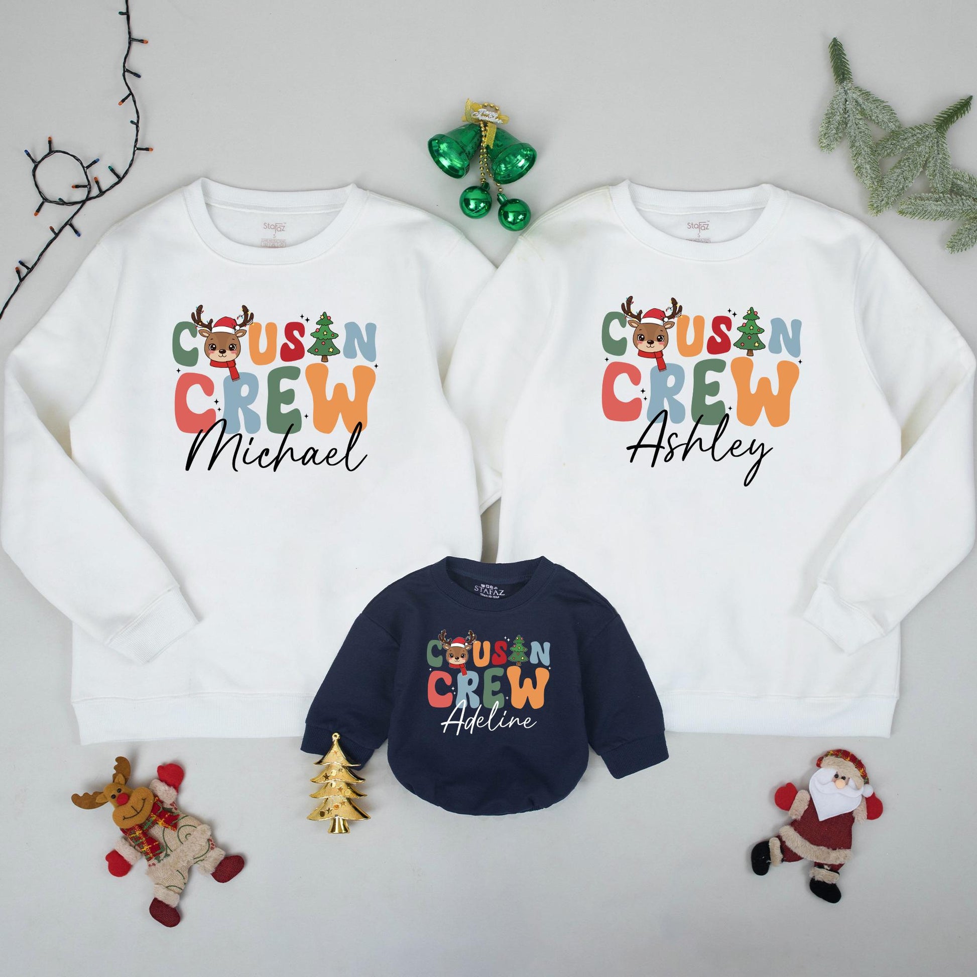 Personalized Cousin Crew Christmas Sweatshirt, Custom Family Xmas Sweaters for Baby's First Holiday, Colorful Reindeer Design, Matching Outfits Name Gift 138
