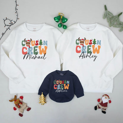 Personalized Cousin Crew Christmas Sweatshirt, Custom Family Xmas Sweaters for Baby's First Holiday, Colorful Reindeer Design, Matching Outfits Name Gift 138