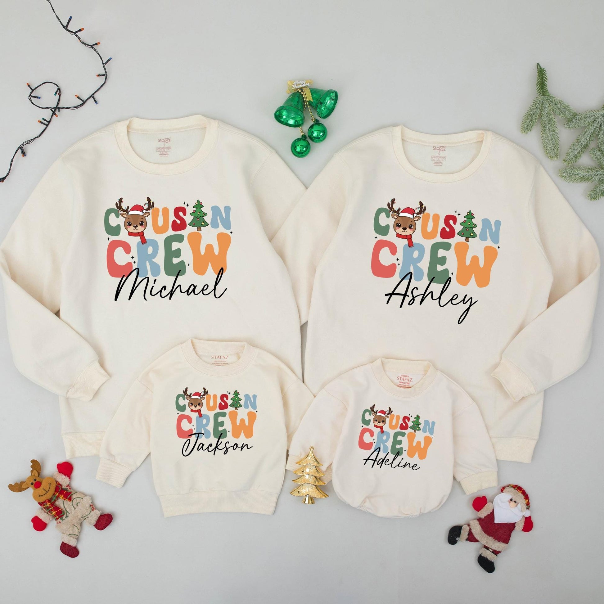 Personalized Cousin Crew Christmas Sweatshirt, Custom Family Xmas Sweaters for Baby's First Holiday, Colorful Reindeer Design, Matching Outfits Name Gift 138