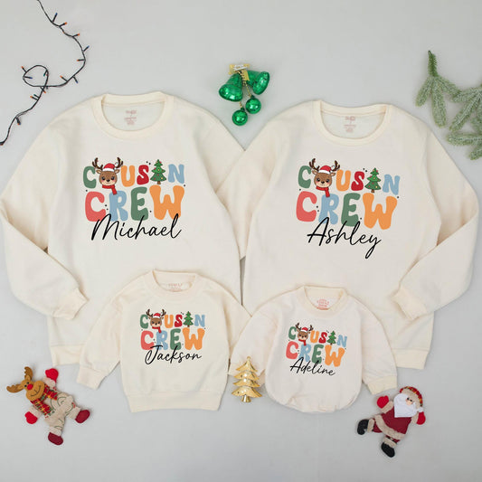 Personalized Cousin Crew Christmas Sweatshirt, Custom Family Xmas Sweaters for Baby's First Holiday, Colorful Reindeer Design, Matching Outfits Name Gift 138
