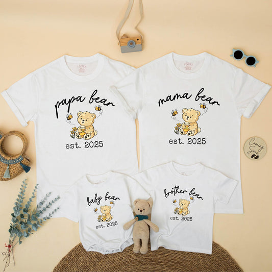 Mama Bear Papa Bear Baby Bear Est Matching Family Shirts Cute Bear Cub Honey Pot Floral Design Personalized Baby Announcement Gift for New Parents 130 Characters