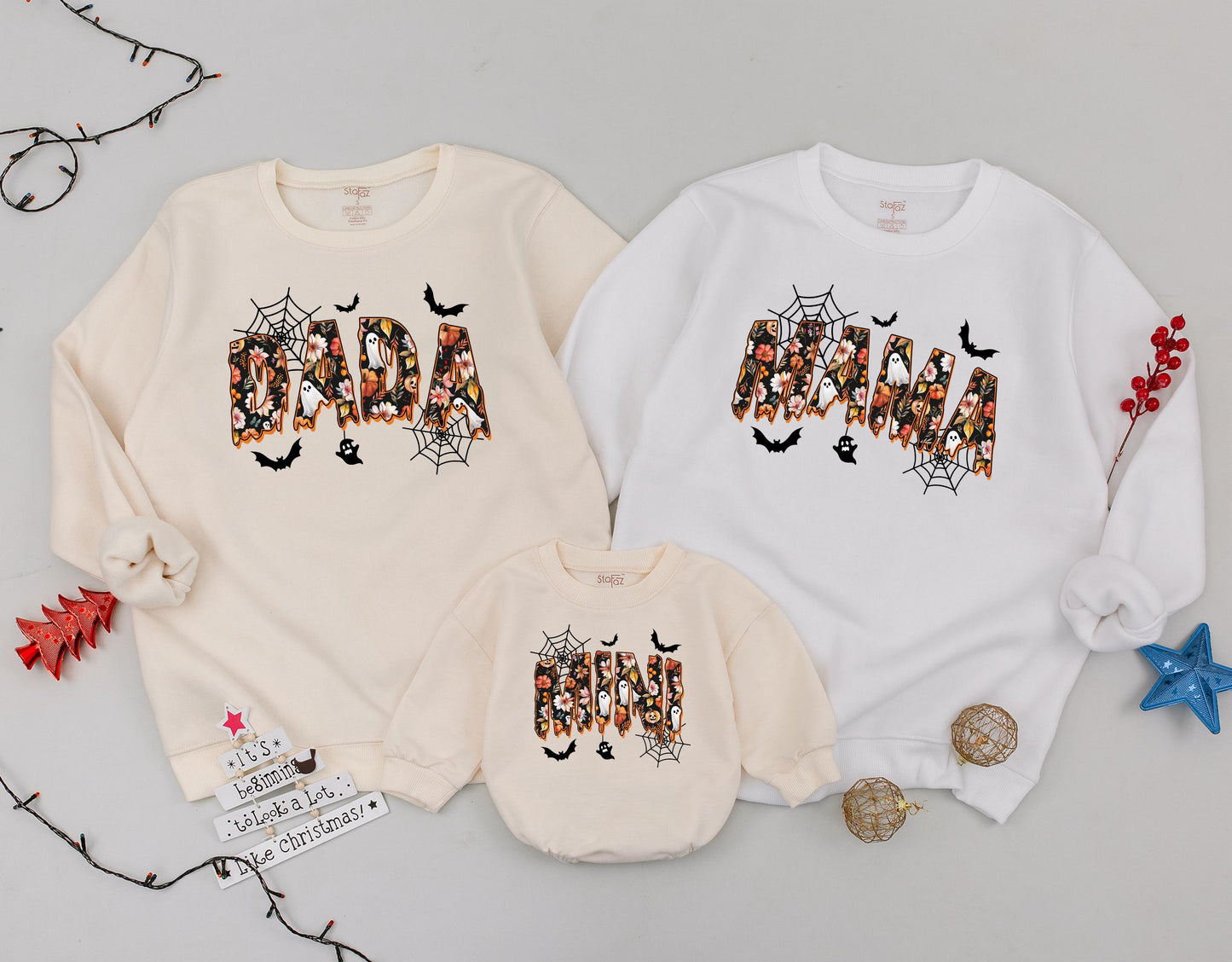 Retro DADA MAMA MINI Floral Halloween Matching Family Sweatshirts Vintage Spooky Cute Fall Outfits Baby's First Halloween