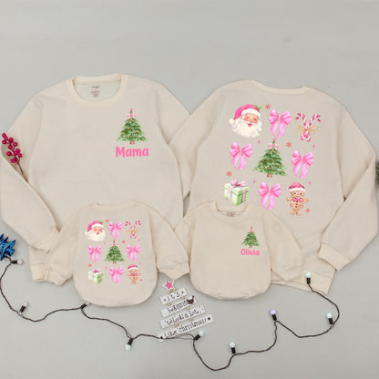 Personalized Mama Christmas Sweatshirt, Matching Xmas Family Outfits, Custom Name Olivia Holiday Sweaters, Pink Green Watercolor Tree, Baby's First Xmas Gift