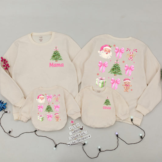 Personalized Mama Christmas Sweatshirt, Matching Xmas Family Outfits, Custom Name Olivia Holiday Sweaters, Pink Green Watercolor Tree, Baby's First Xmas Gift