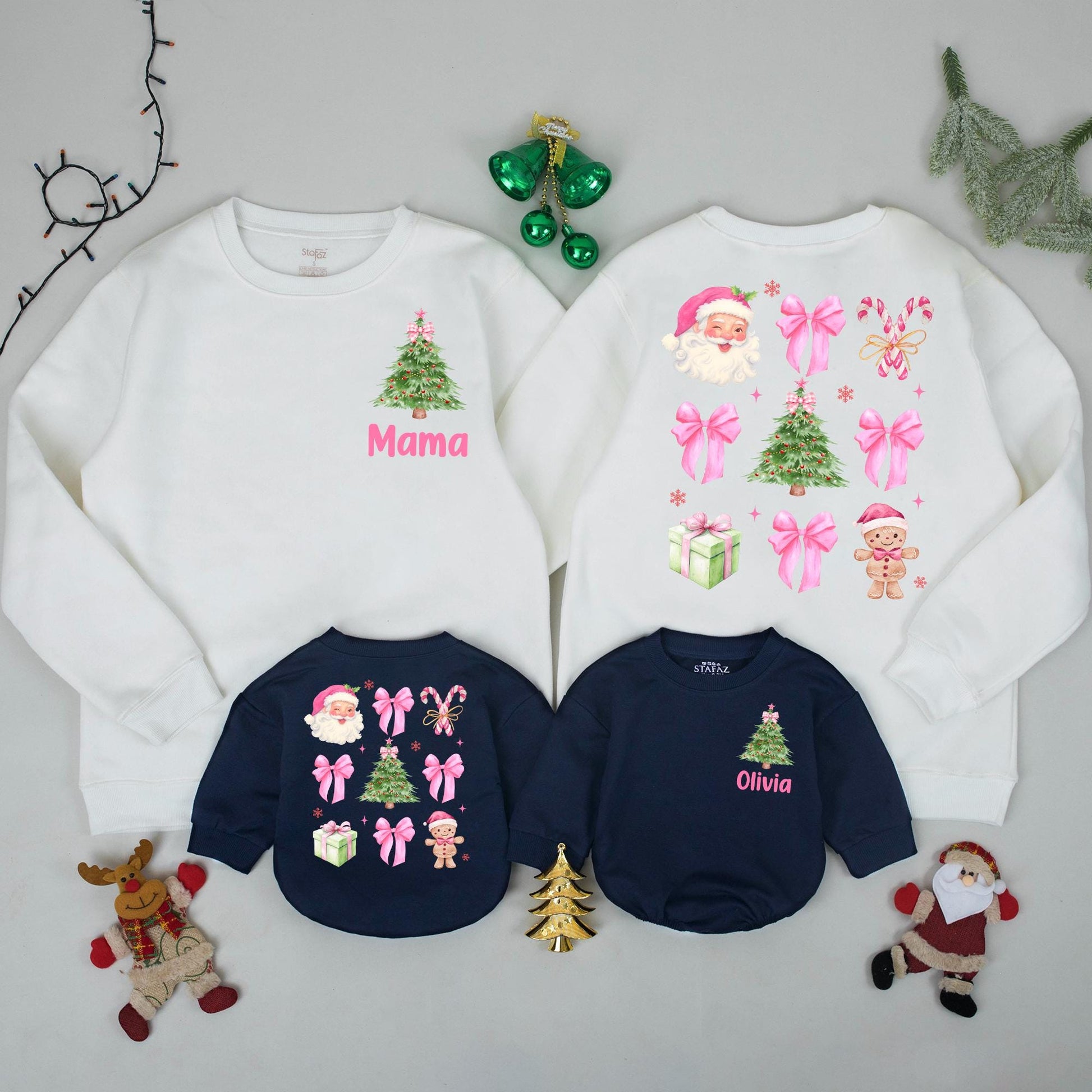 Personalized Mama Christmas Sweatshirt, Matching Xmas Family Outfits, Custom Name Olivia Holiday Sweaters, Pink Green Watercolor Tree, Baby's First Xmas Gift