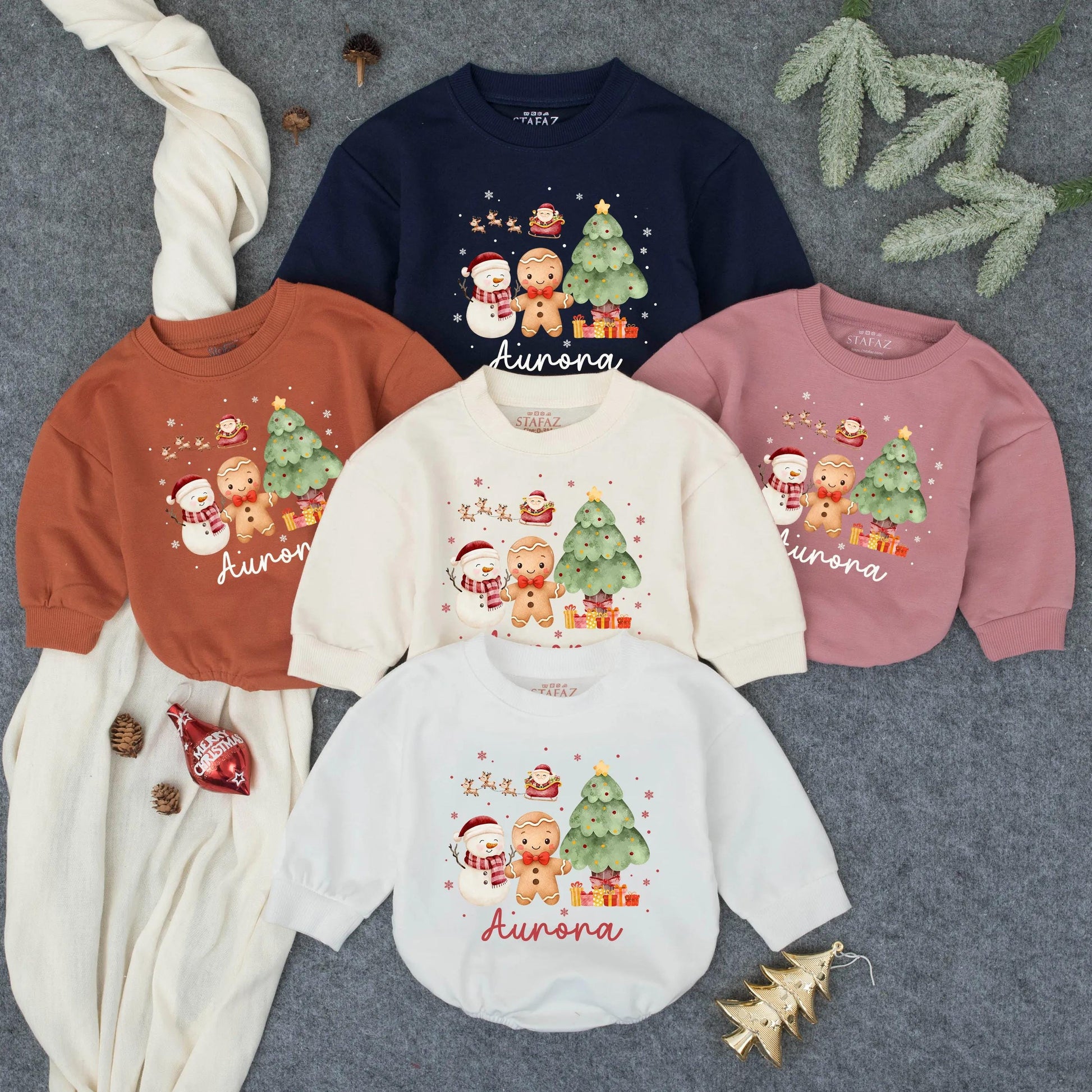 Customized Aurora Watercolor Christmas Bubble Romper Toddler Girl First Christmas Bow Outfit Cute Snowman Gingerbread Gift 130