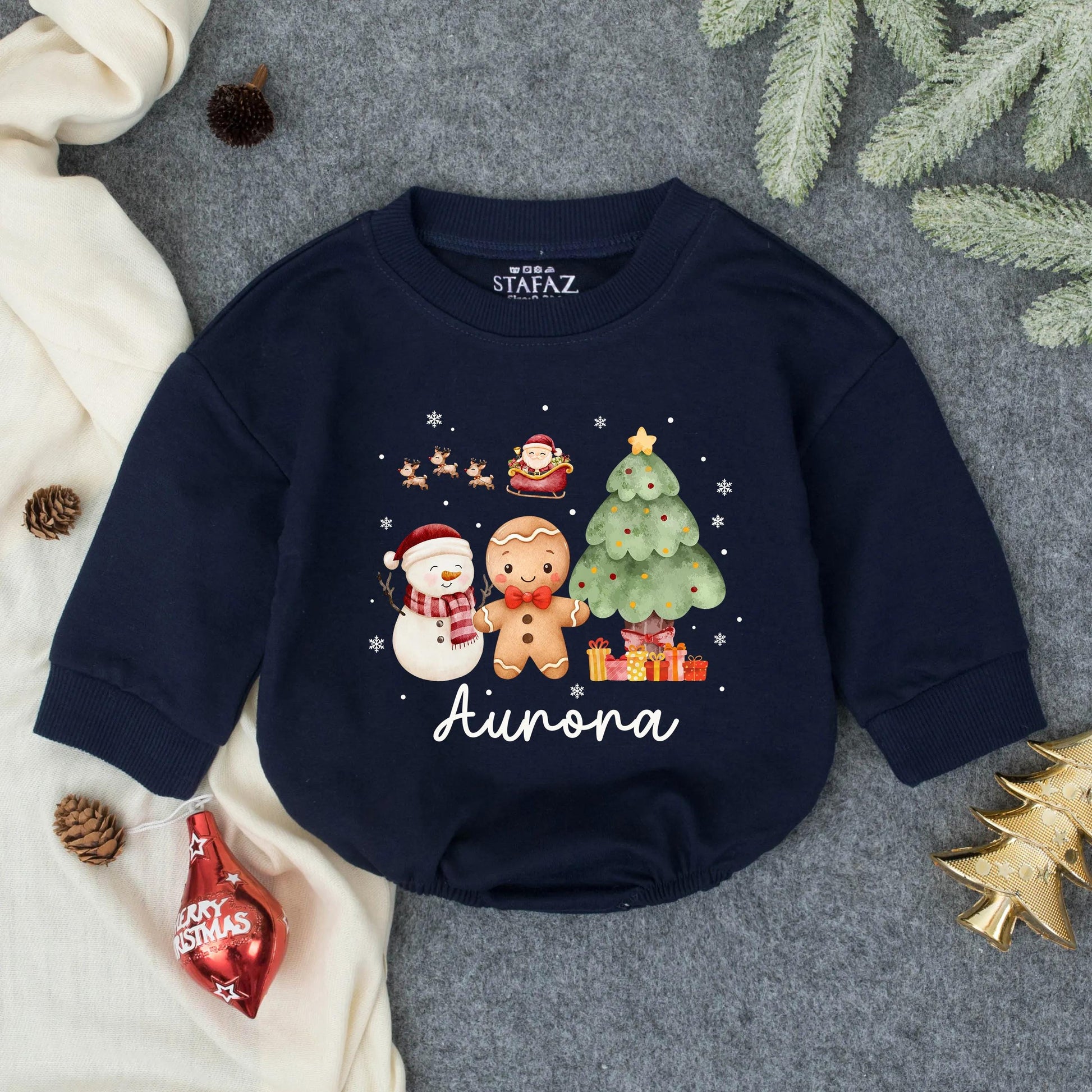 Customized Aurora Watercolor Christmas Bubble Romper Toddler Girl First Christmas Bow Outfit Cute Snowman Gingerbread Gift 130