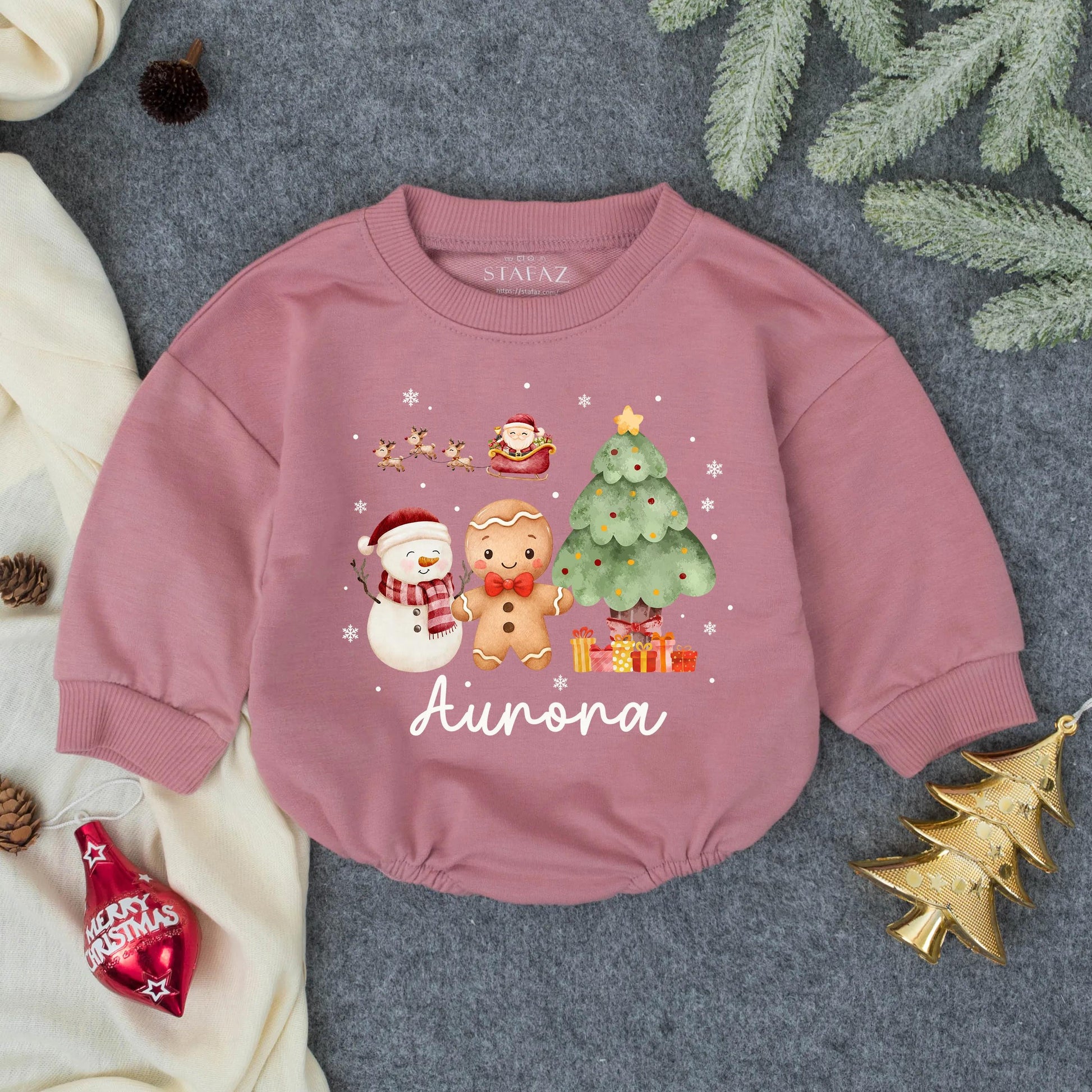Customized Aurora Watercolor Christmas Bubble Romper Toddler Girl First Christmas Bow Outfit Cute Snowman Gingerbread Gift 130