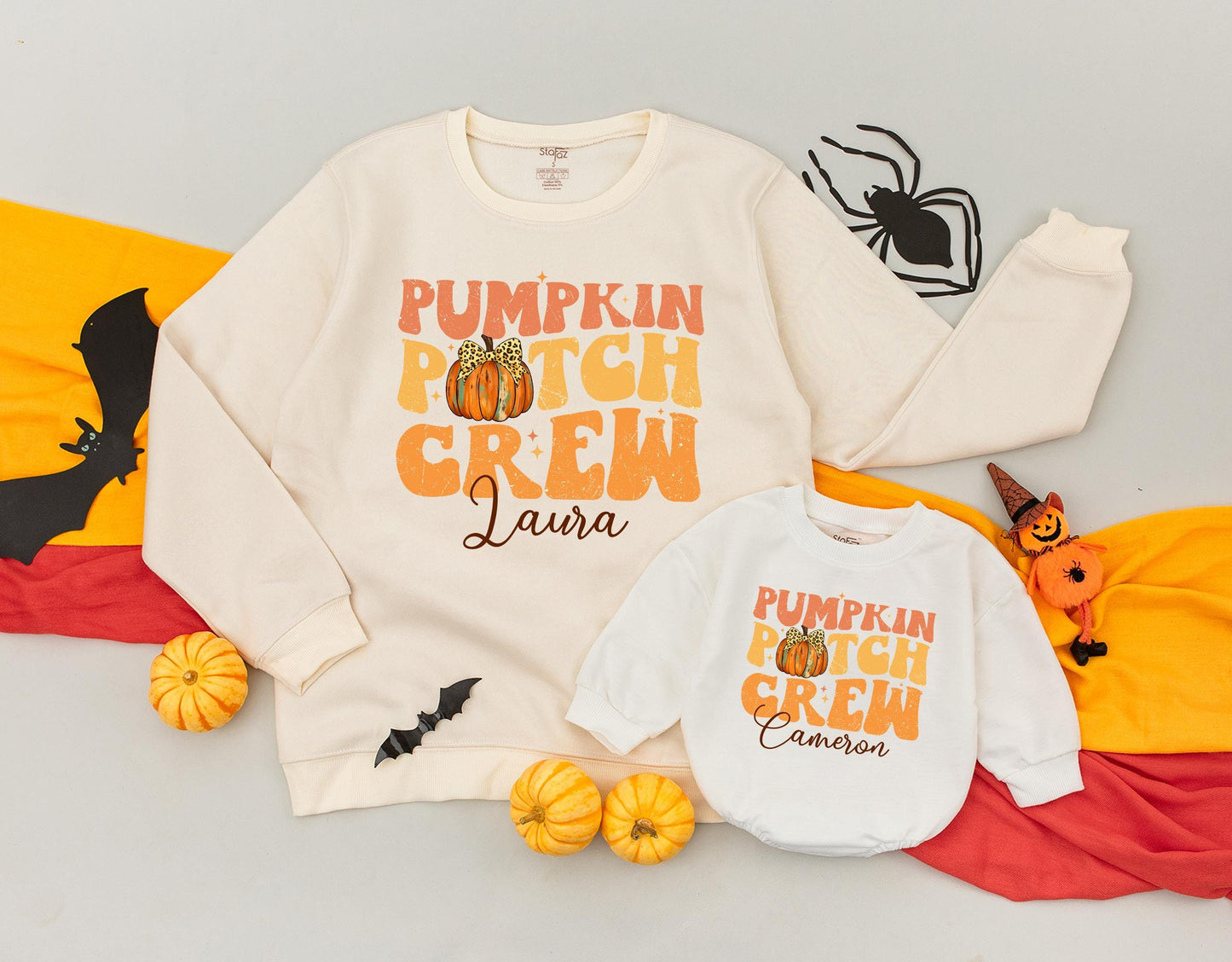 Personalized Pumpkin Patch Crew Matching Family Sweatshirt, Retro Fall Outfit for Toddler Kid, Custom Thanksgiving Gift, Cheetah Pumpkin Bow 139char