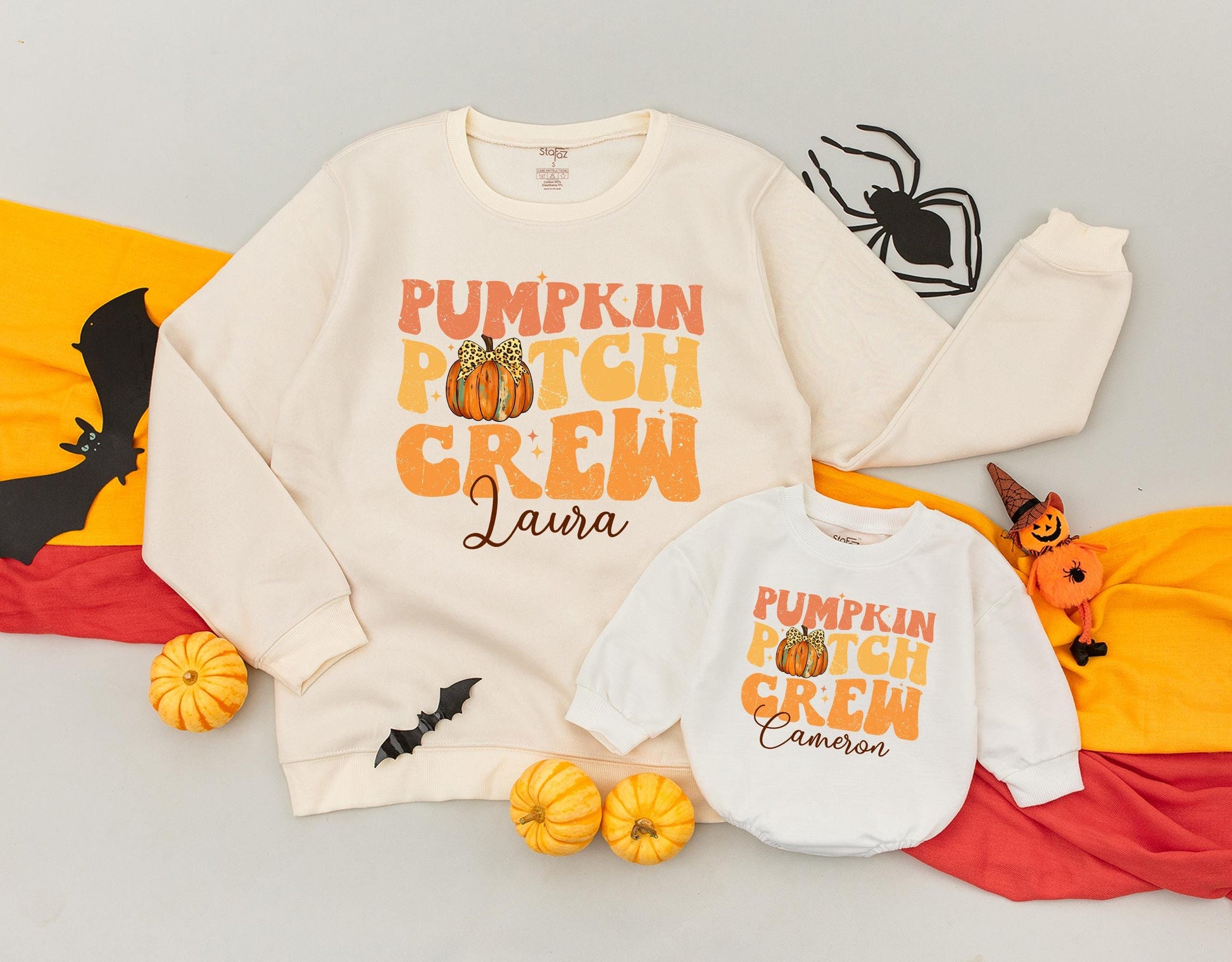 Personalized Pumpkin Patch Crew Matching Family Sweatshirt, Retro Fall Outfit for Toddler Kid, Custom Thanksgiving Gift, Cheetah Pumpkin Bow 139char