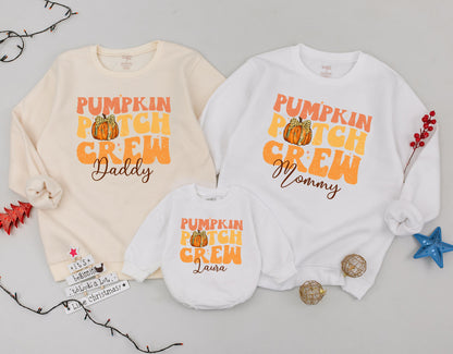 Personalized Pumpkin Patch Crew Matching Family Sweatshirt, Retro Fall Outfit for Toddler Kid, Custom Thanksgiving Gift, Cheetah Pumpkin Bow 139char