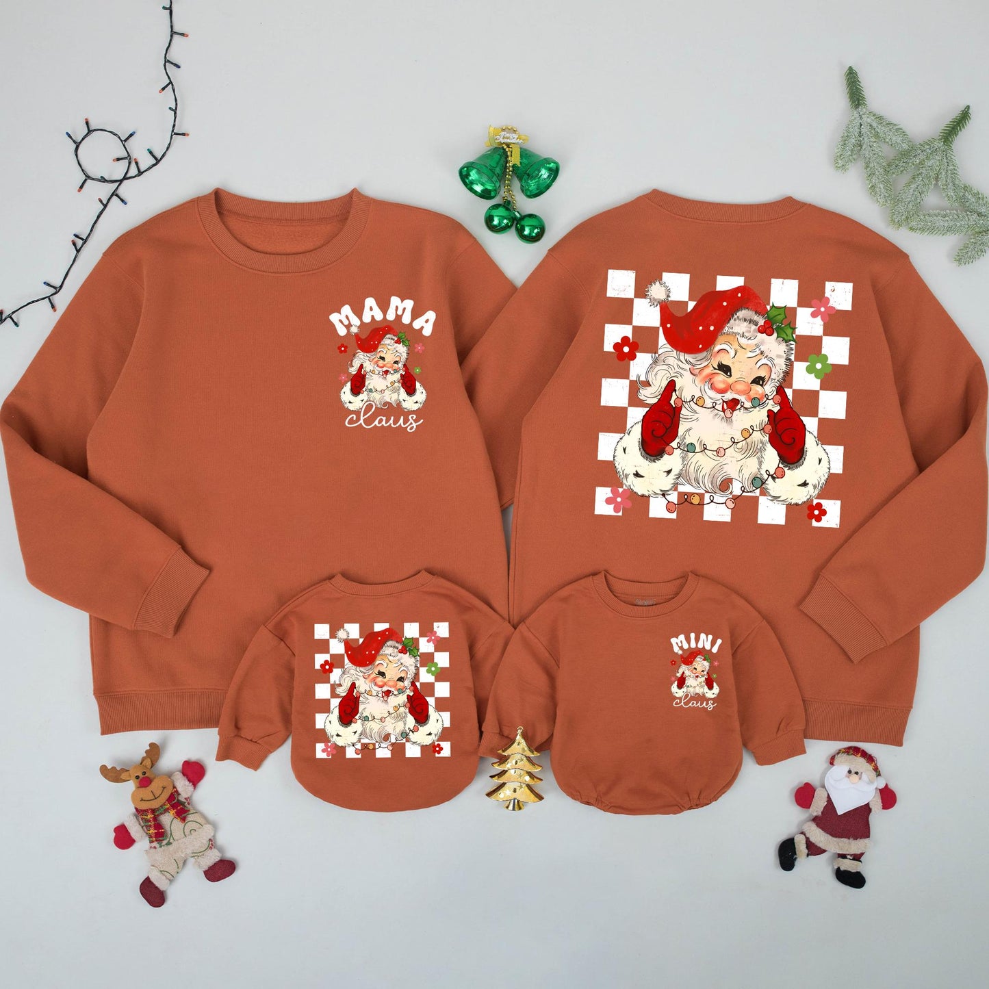 Retro Mama and Mini Claus Sweatshirt Set, Vintage Santa Christmas Family Outfit, Mommy and Me Holiday Sweaters, Matching Festive Gift, Checkerboard Details