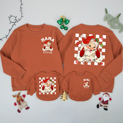 Retro Mama and Mini Claus Sweatshirt Set, Vintage Santa Christmas Family Outfit, Mommy and Me Holiday Sweaters, Matching Festive Gift, Checkerboard Details