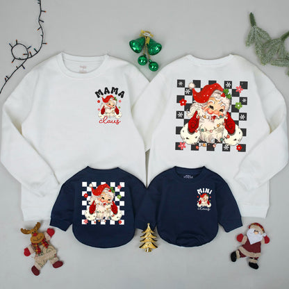 Retro Mama and Mini Claus Sweatshirt Set, Vintage Santa Christmas Family Outfit, Mommy and Me Holiday Sweaters, Matching Festive Gift, Checkerboard Details