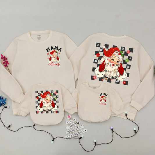 Retro Mama and Mini Claus Sweatshirt Set, Vintage Santa Christmas Family Outfit, Mommy and Me Holiday Sweaters, Matching Festive Gift, Checkerboard Details