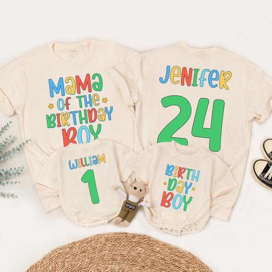 Birthday Boy Family Matching Shirts Mama of Birthday Boy Jenifer 24 Colorful Cartoon Style Fun Celebration Outfits