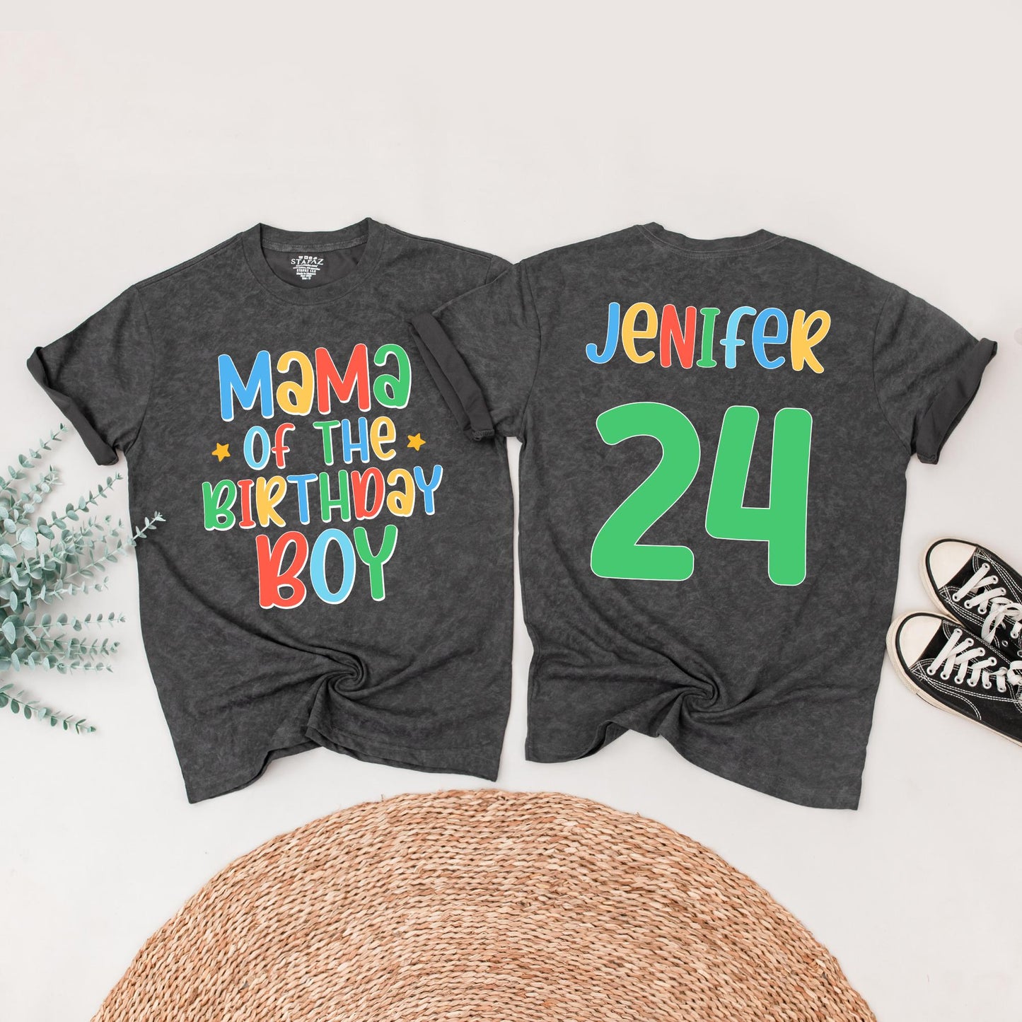 Birthday Boy Family Matching Shirts Mama of Birthday Boy Jenifer 24 Colorful Cartoon Style Fun Celebration Outfits