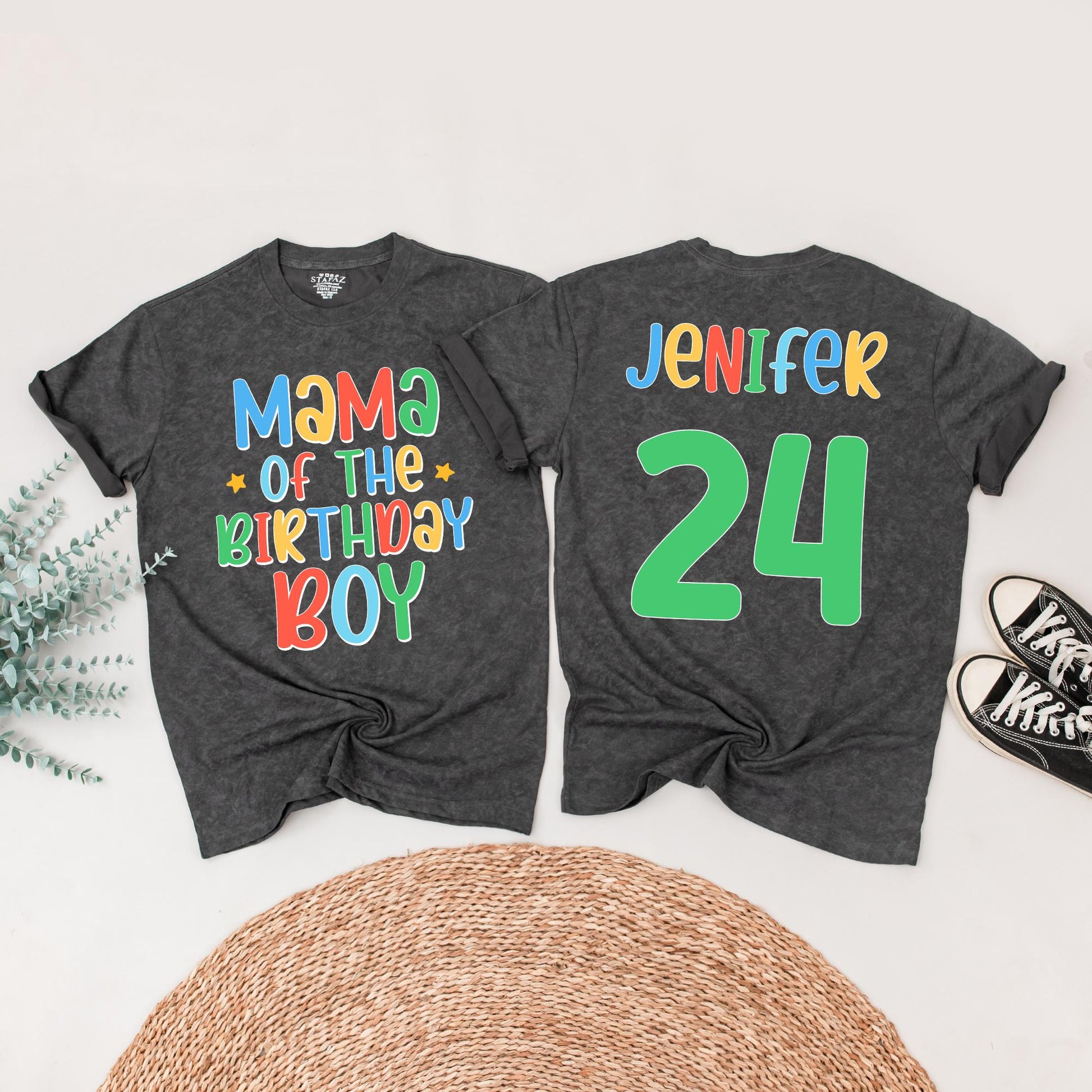 Birthday Boy Family Matching Shirts Mama of Birthday Boy Jenifer 24 Colorful Cartoon Style Fun Celebration Outfits