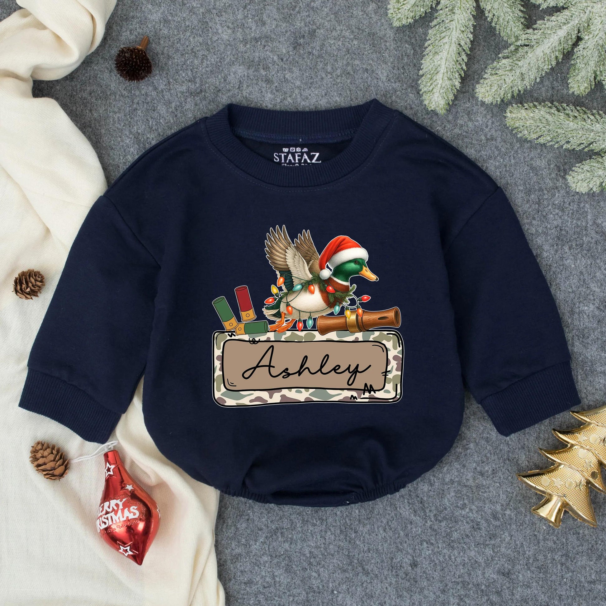 Personalized Christmas Bubble Romper Mallard Duck Santa Hat Lights Rustic Camo Banner Ashley My First Christmas Gift Baby Boy