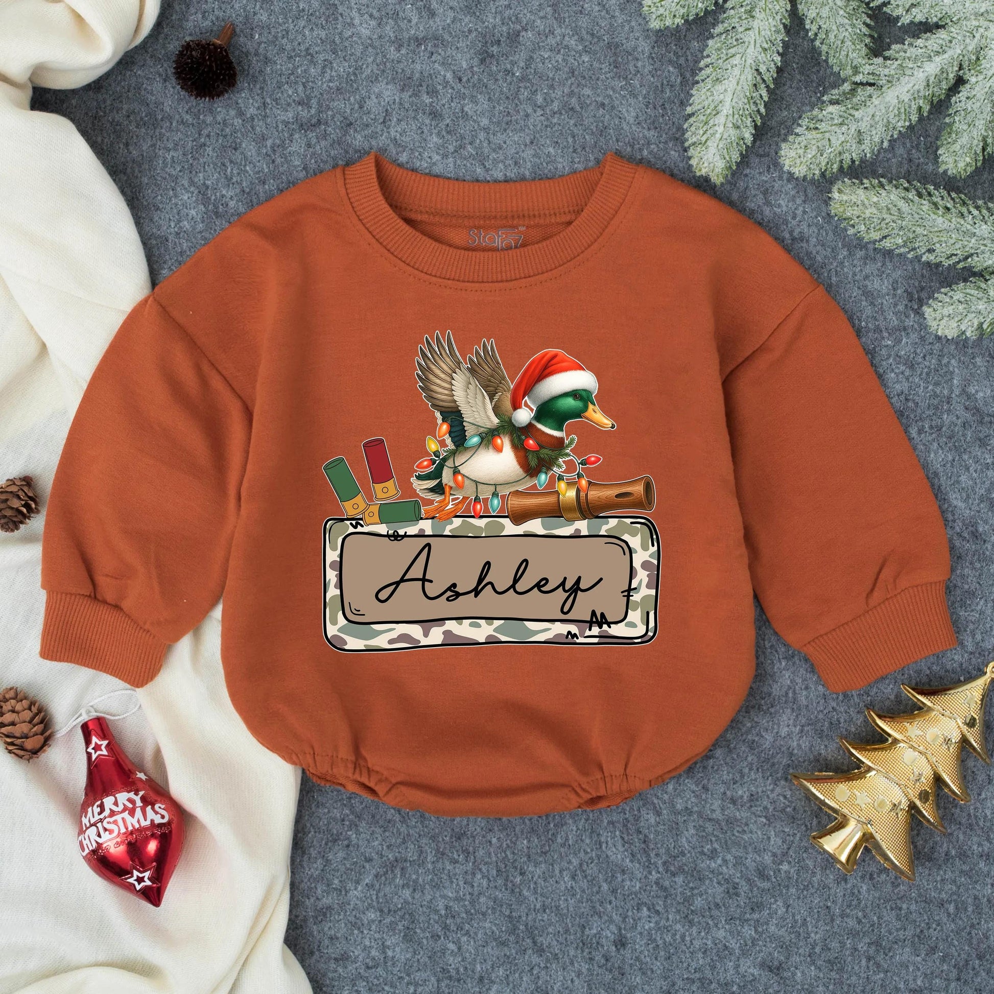 Personalized Christmas Bubble Romper Mallard Duck Santa Hat Lights Rustic Camo Banner Ashley My First Christmas Gift Baby Boy