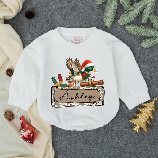 Personalized Christmas Bubble Romper Mallard Duck Santa Hat Lights Rustic Camo Banner Ashley My First Christmas Gift Baby Boy