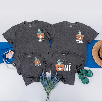 Matching Family Bear Birthday Shirts with Playful Brown Teal White Cartoon Design, First 1st Birthday Party Outfits for Mom Dad Baby