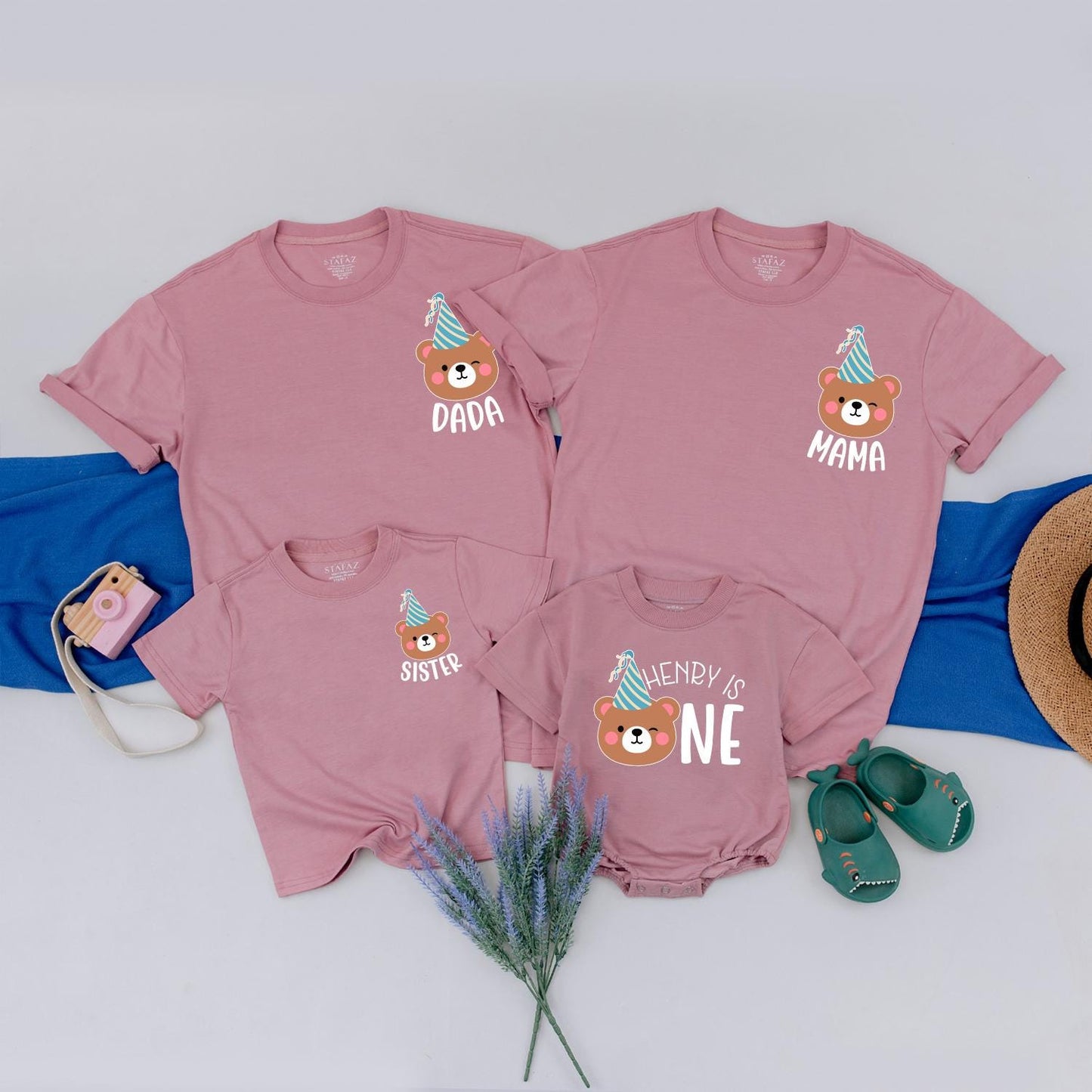 Matching Family Bear Birthday Shirts with Playful Brown Teal White Cartoon Design, First 1st Birthday Party Outfits for Mom Dad Baby