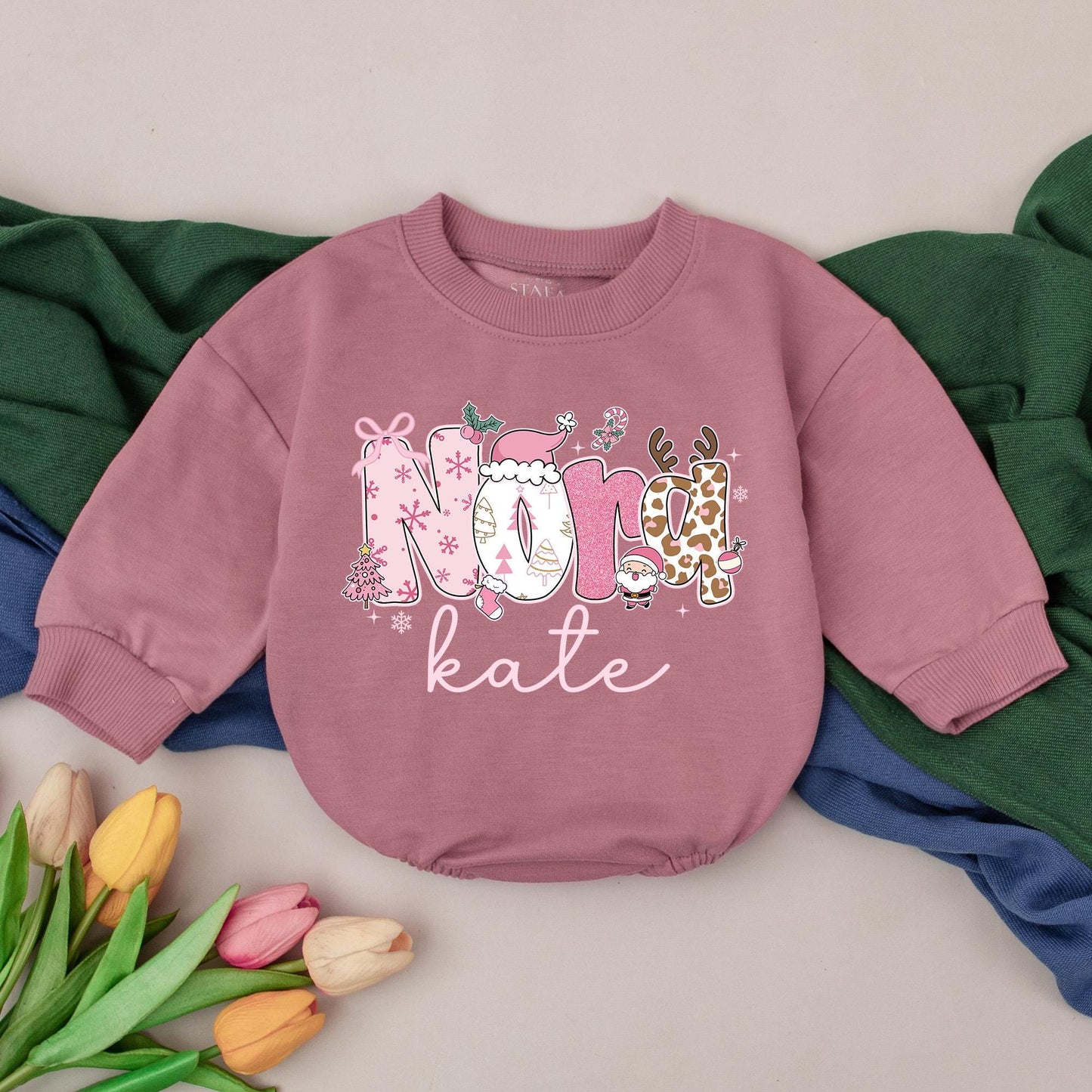 Nora Kate Pink Christmas Romper Cute Baby Girl Festive Design with Snowflakes Candy Canes First Christmas Gift Infant Outfit
