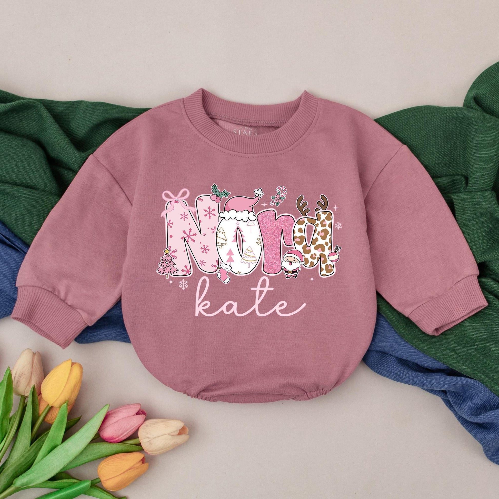 Nora Kate Pink Christmas Romper Cute Baby Girl Festive Design with Snowflakes Candy Canes First Christmas Gift Infant Outfit