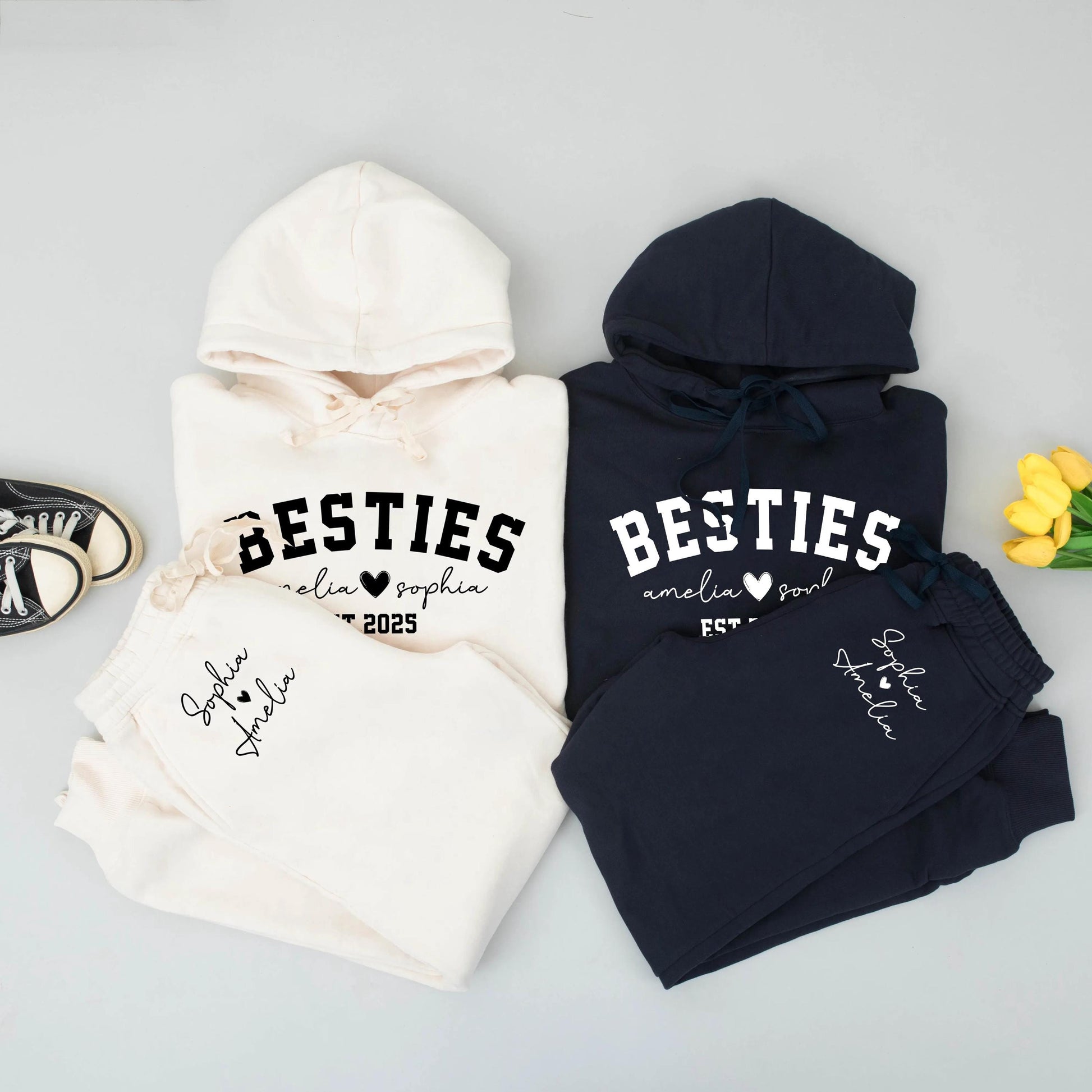 Custom Besties Hoodie and Sweatpants Set for Girls with Names & Est. 2025 Bold Modern Friendship Matching Soft Comfort Birthday Gift