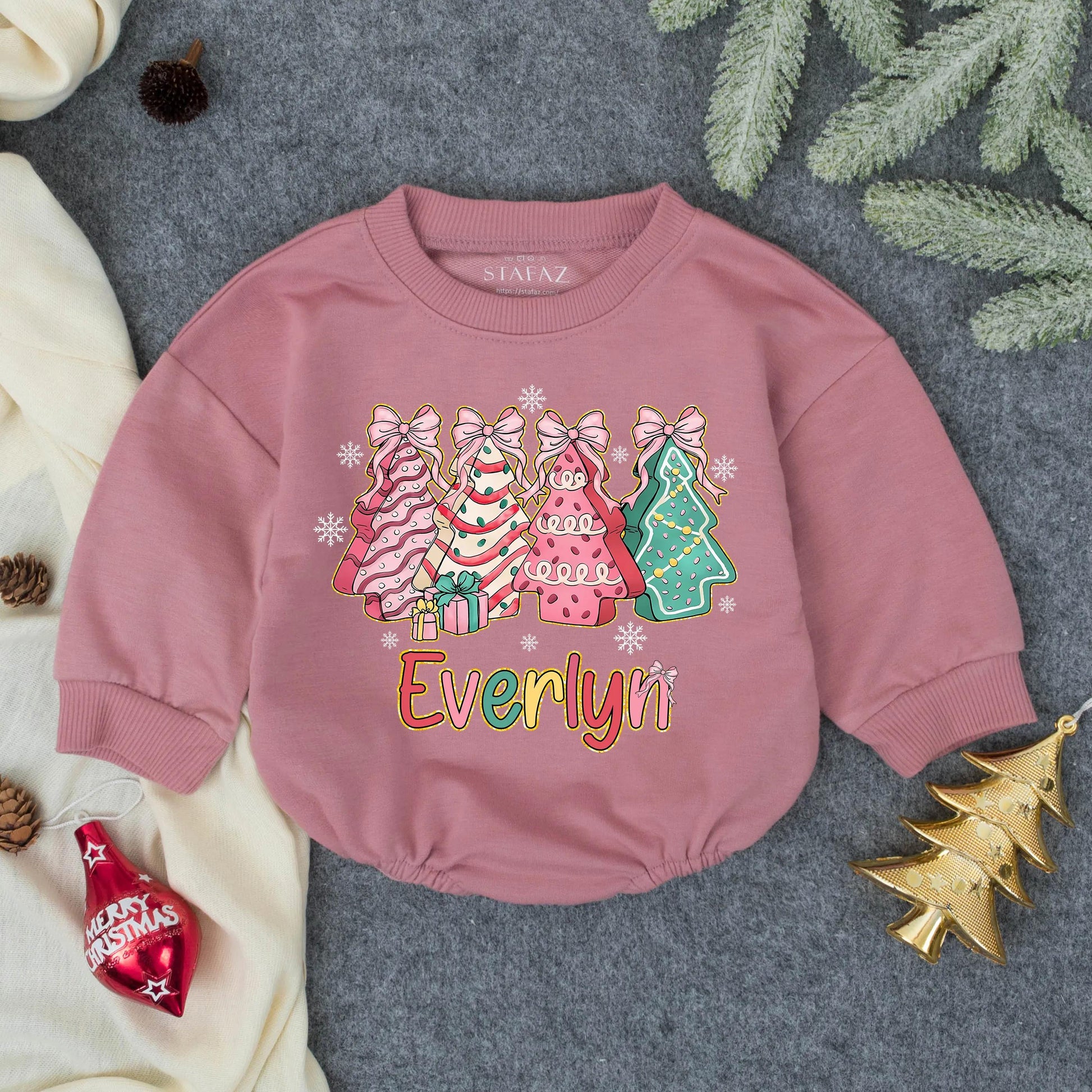 Christmas Trees Bubble Romper, Everlyn Holiday Outfit, Baby's First Christmas Romper, Colorful Infant Outfit with Gifts & Snowflakes, Girly Pink Xmas
