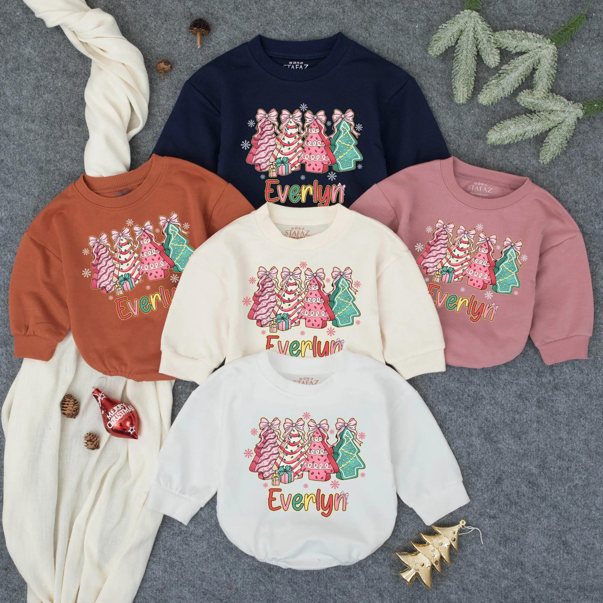 Christmas Trees Bubble Romper, Everlyn Holiday Outfit, Baby's First Christmas Romper, Colorful Infant Outfit with Gifts & Snowflakes, Girly Pink Xmas