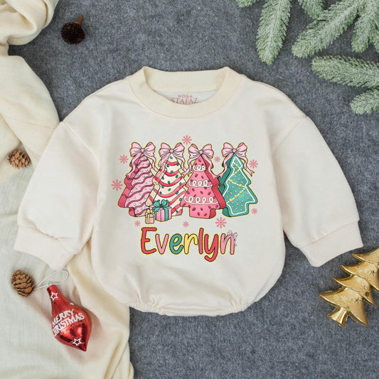 Christmas Trees Bubble Romper, Everlyn Holiday Outfit, Baby's First Christmas Romper, Colorful Infant Outfit with Gifts & Snowflakes, Girly Pink Xmas