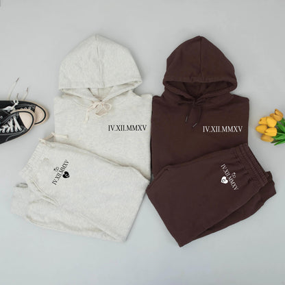 Personalized Roman Numeral Hoodie Set Date Initial Couples Wedding Engagement Anniversary Gift Modern Minimalist Ring Heart Design