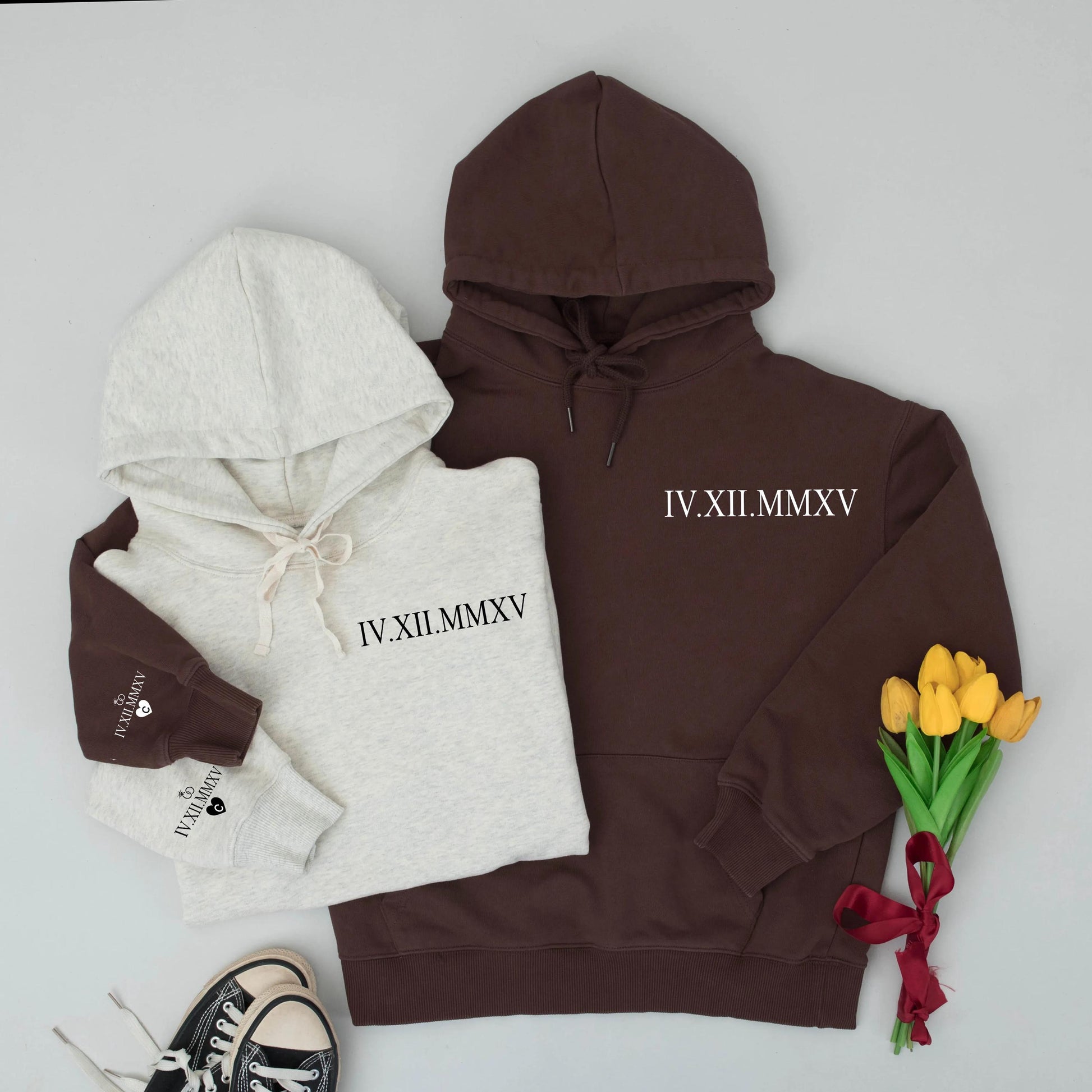 Personalized Roman Numeral Hoodie Set Date Initial Couples Wedding Engagement Anniversary Gift Modern Minimalist Ring Heart Design