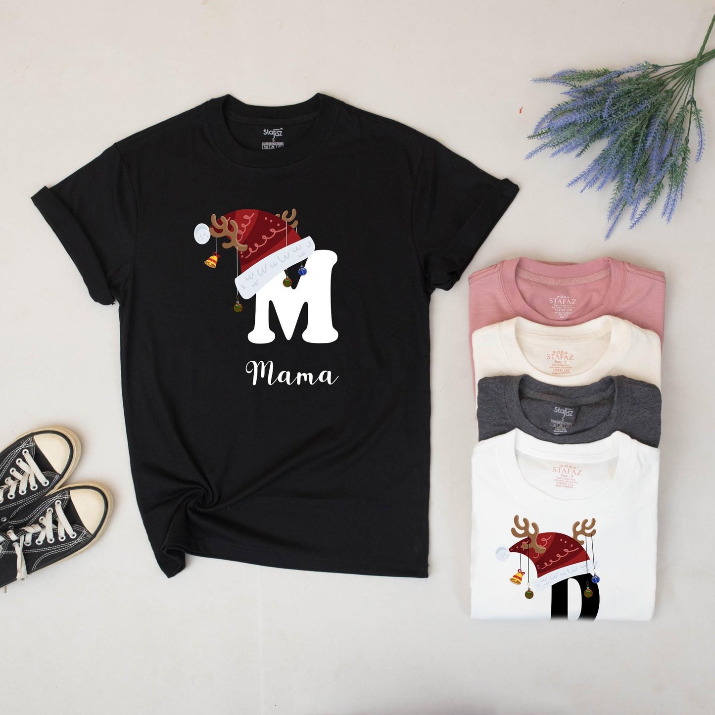 Matching Family Christmas Shirts with Santa Hat Letter & Name Personalized Holiday Sweatshirt Mama Dada Lucas Gift
