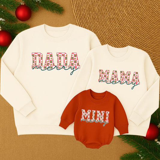 Matching Mama Mini Christmas Sweatshirt: Merry Red & White Check, Tree & Bell Design, Festive Mommy and Me Holiday Outfit, Cozy Matching Family Sweaters