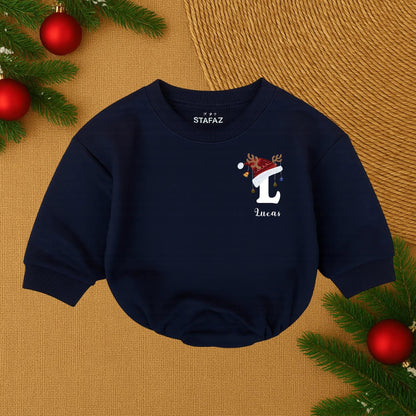 Lucas's First Christmas Baby Romper Santa Hat Reindeer Antlers Ornaments Gold Bell Personalized Baby Boy Outfit Festive Joyful