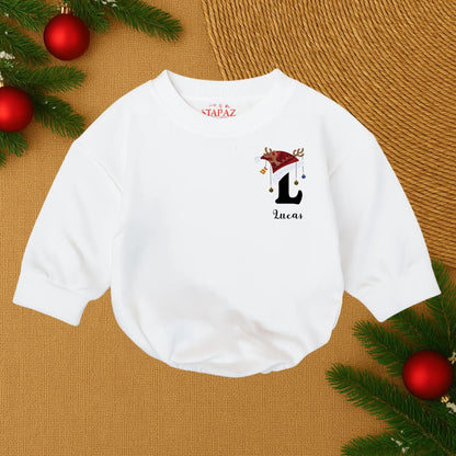 Lucas's First Christmas Baby Romper Santa Hat Reindeer Antlers Ornaments Gold Bell Personalized Baby Boy Outfit Festive Joyful