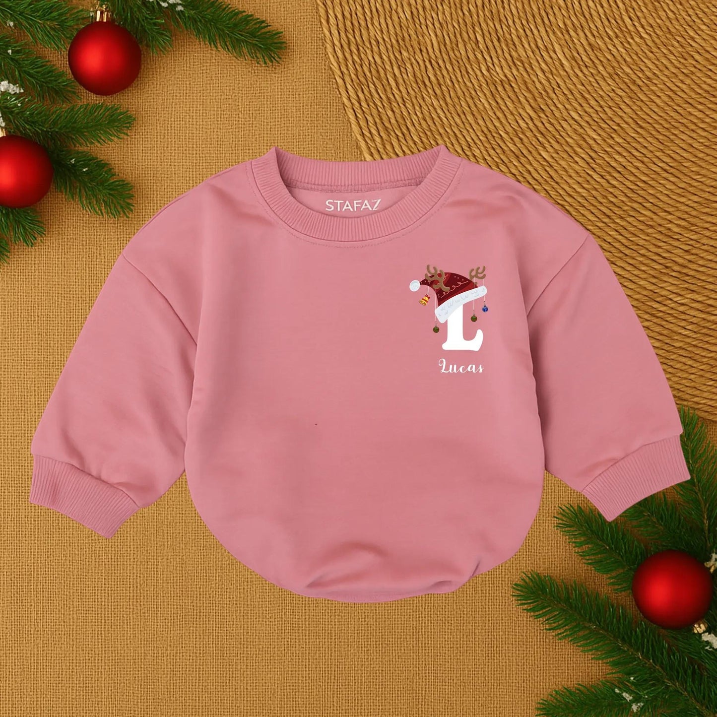 Lucas's First Christmas Baby Romper Santa Hat Reindeer Antlers Ornaments Gold Bell Personalized Baby Boy Outfit Festive Joyful