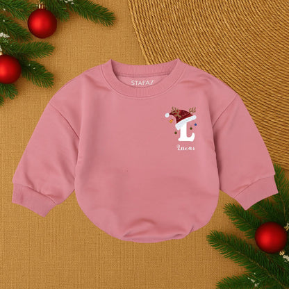 Lucas's First Christmas Baby Romper Santa Hat Reindeer Antlers Ornaments Gold Bell Personalized Baby Boy Outfit Festive Joyful