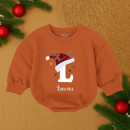 Lucas's First Christmas Baby Romper Santa Hat Reindeer Antlers Ornaments Gold Bell Personalized Baby Boy Outfit Festive Joyful