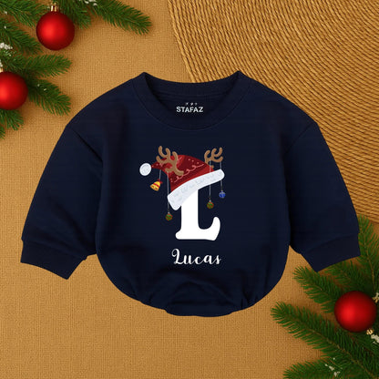 Lucas's First Christmas Baby Romper Santa Hat Reindeer Antlers Ornaments Gold Bell Personalized Baby Boy Outfit Festive Joyful