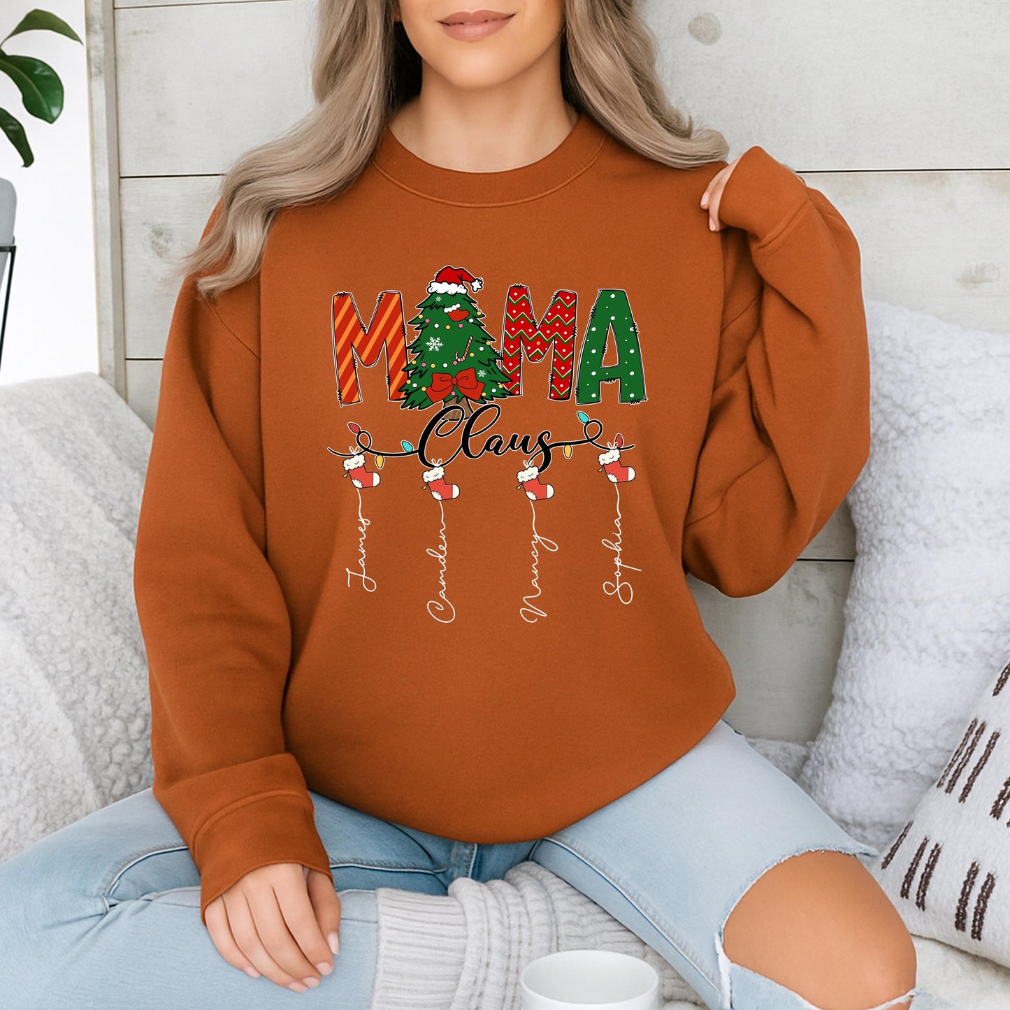 Custom Mama Claus Christmas Sweatshirt for Mom Grandma with Kid Names Festive Stocking Tree Design Red Green White Cozy Holiday Shirt