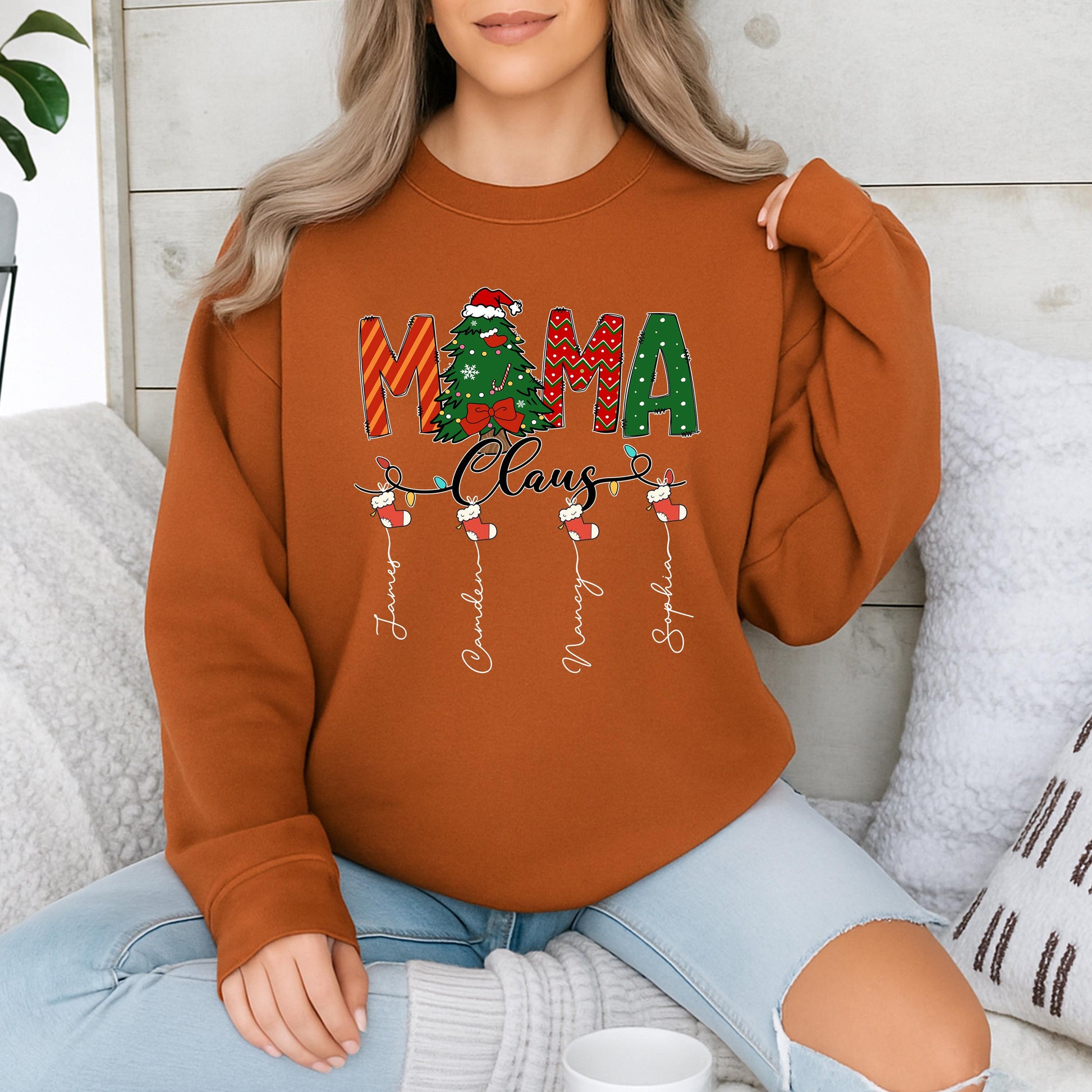 Custom Mama Claus Christmas Sweatshirt for Mom Grandma with Kid Names Festive Stocking Tree Design Red Green White Cozy Holiday Shirt