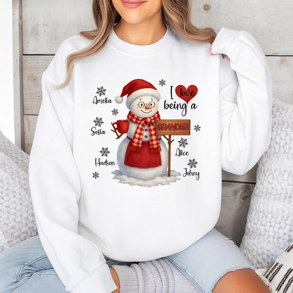 Personalized Grandma Christmas Snowman Sweatshirt with Grandchildren's Names, a cozy holiday sweater for Mom, a loving 'I ❤️ being a Grandma' shirt